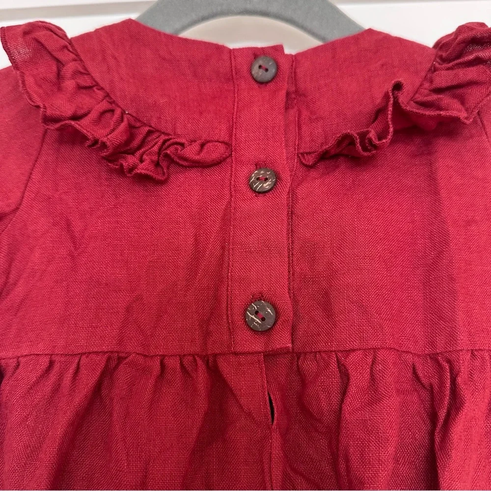 Ruffled Burgundy Linen Baby Romper‎